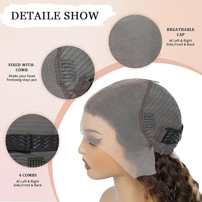 30 Inch Highlight Ombre Lace Front Wigs Human Hair 13x6 Honey Blonde Deep Wave Wig Human Hair 4/27 Glueless Deep Wave Human Hair Wigs Pre Plucked with Baby Hair for Women