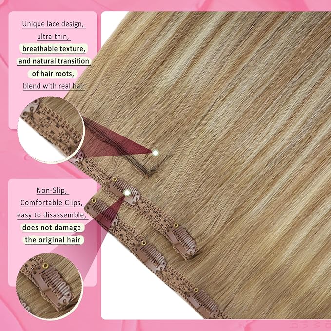 YoungSee 24inch Clip in Hair Extensions Real Human Hair Golden Brown with Blonde Balayage Clip in Hair Extensions Long Straight Human Hair Clip in Extensions for Woman 120g