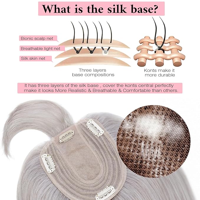 SEGO 100% Real Human Hair Toppers, with Air Bangs, Silk Base 150% Density, Clip in Topper, 2.7肺5.1・ HairPieces for Women, with Thinning/Hair Loss Cover Gray