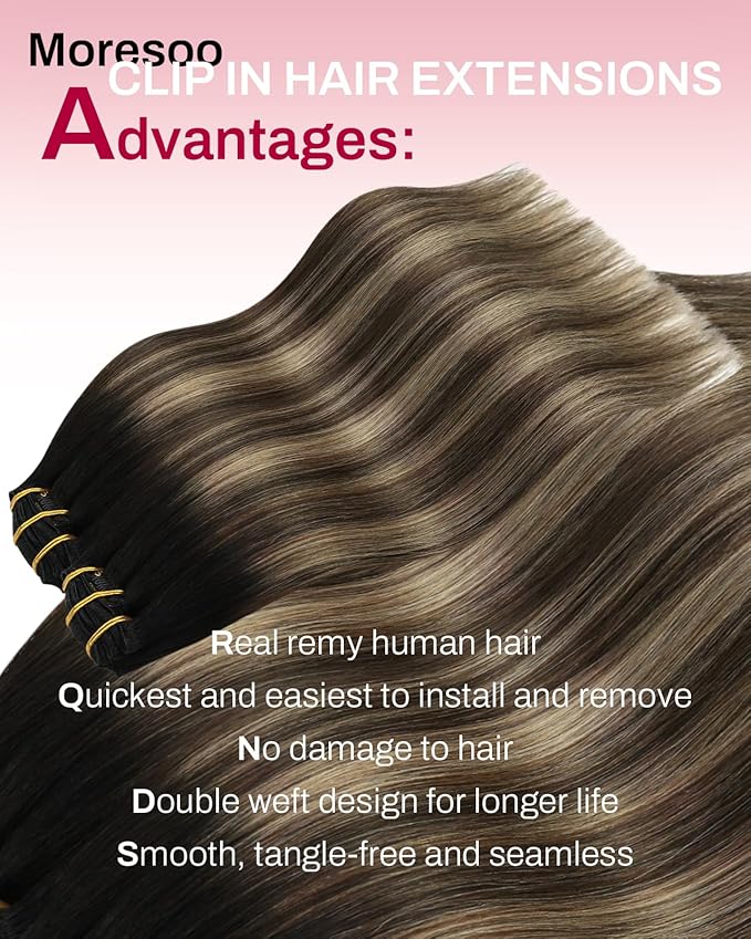 Moresoo Black to Brown Ombre Clip in Hair Extensions Real Human Hair Balayage Natural Black to Medium Brown with Dark Blonde Hair Clip Extensions for Women Short Double Weft 80g/5pcs 14 inch