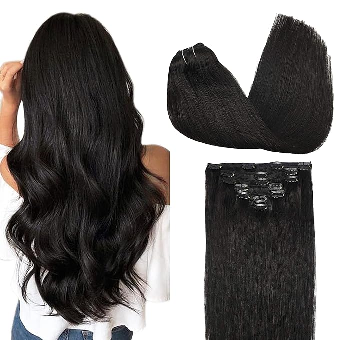 GOO GOO Clip in Hair Extensions Real Human Hair, Remy Human Hair Extensions Clip ins for Women, Natural Human Hair, 26inch 135g 7Pcs, 1B Natural black