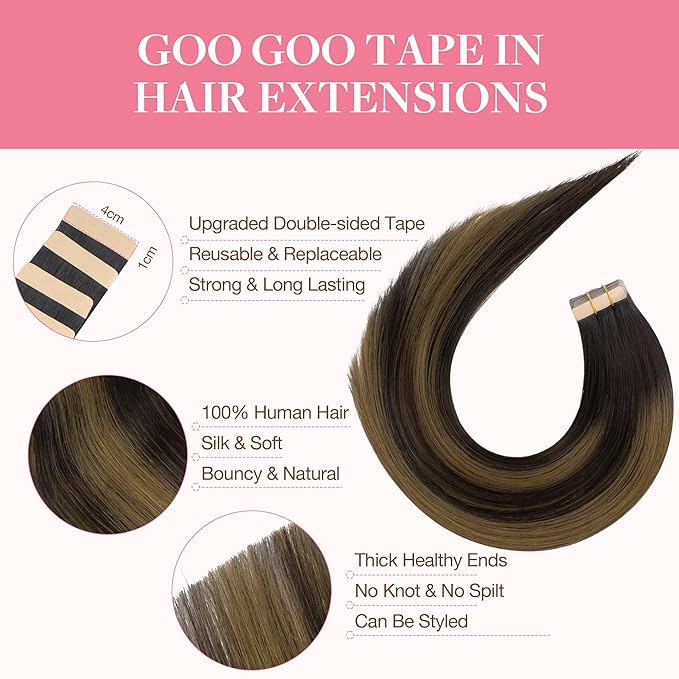 GOO GOO Tape in Hair Extensions Human Hair, 1B/19/1B Natural Black to Light Blonde, 26inch 120g 40pcs, Skin Weft Seamless Invisible, Silky Straight with Thick Ends, Remy Human Hair