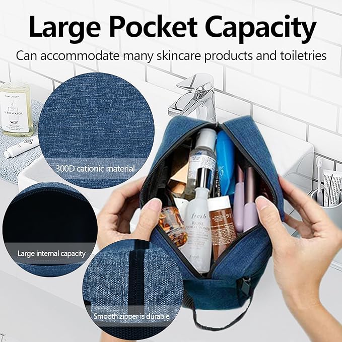 Personalized Toiletry Bag for Men, Embroidered Name Mens Toiletry Travel Bag, Waterproof Canvas Shaving Bag with Large Capacity, Custom Men Hanging Toiletries Bag for Traveling (Dark Blue)