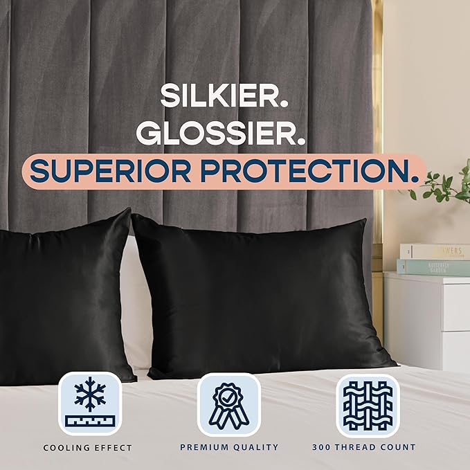 BLISSFORD Black Satin Pillowcase with Zipper for Hair and Skin Care, Feels Soft and Cool Like a Silk Pillowcase, Satin Pillow Cases 2 Pack, Slik Pillow Cover, Standard Size, Set of 2