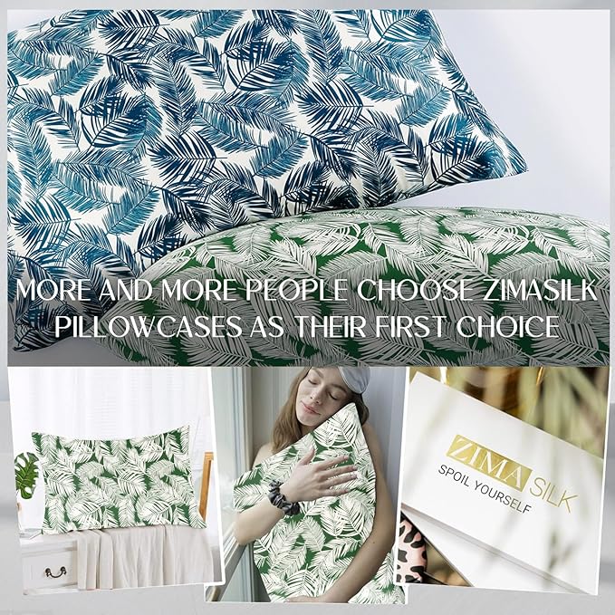 ZIMASILK 100% Pure Mulberry Silk Pillowcase for Hair and Skin Health,Both Sides 19 Momme Silk Floral Print,1pc(Queen 20''x30'',White Leaves)