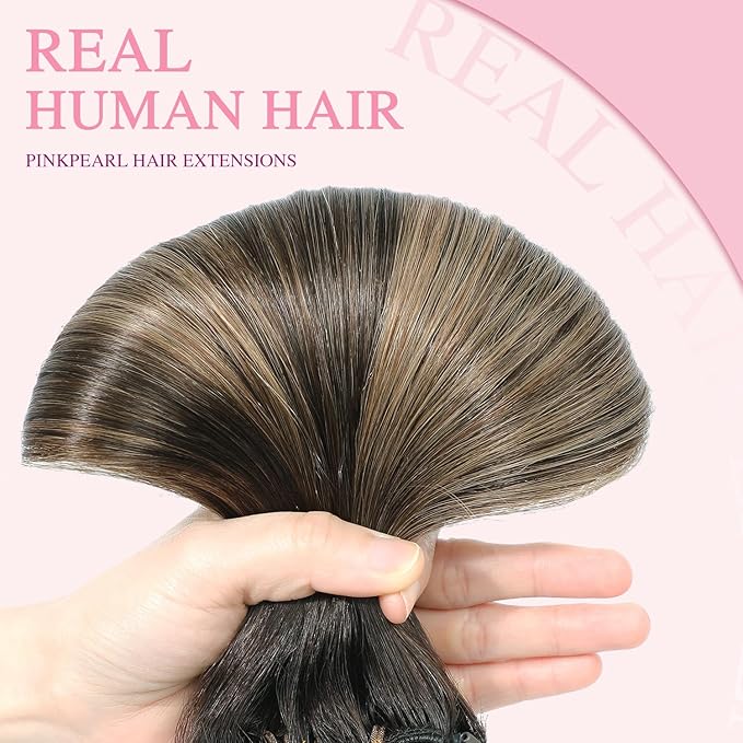 PINKPEARL Clip in Hair Extensions Real Human Hair #2/6/18 Balayage Dark Brown to Chestnut Brown and Ash Blonde 7pcs 120g 16inch Ombre Remy Human Hair Extensios Clip ins(#2/6/18-16)