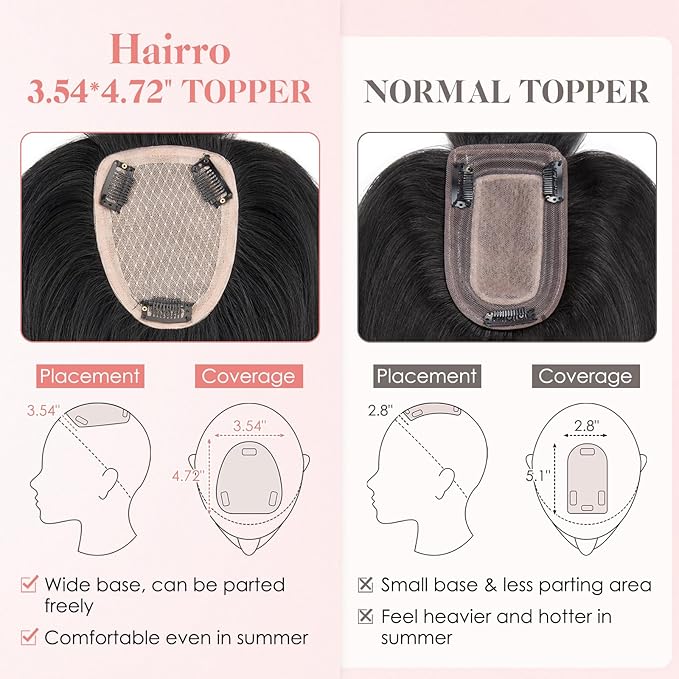 Hairro Human Hair Toppers with Wispy Bangs, 3.5x4.7" Hand-wovened Base for Women with Thinning Hair, Lightweight & Breathable Realistic Scalp, Clip-in Hairpieces for Easy Wear, 10 Inch Jet Black