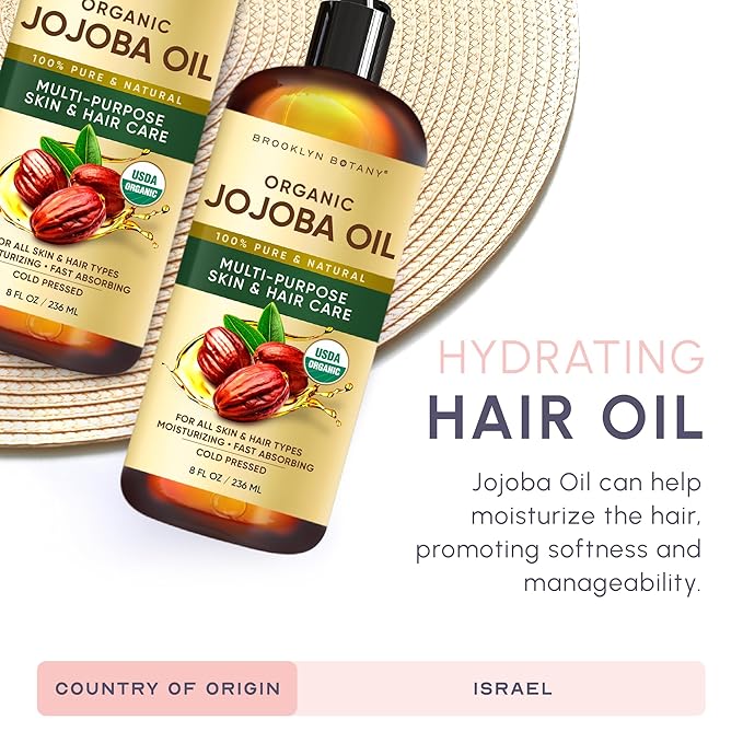 Brooklyn Botany Cold-Pressed Organic Jojoba Oil | for Skin, Hair and Face | 8 Fl Oz | 100% Pure and Natural | Carrier Oil for Essential Oils, Aromatherapy and Massage | Hexane Free