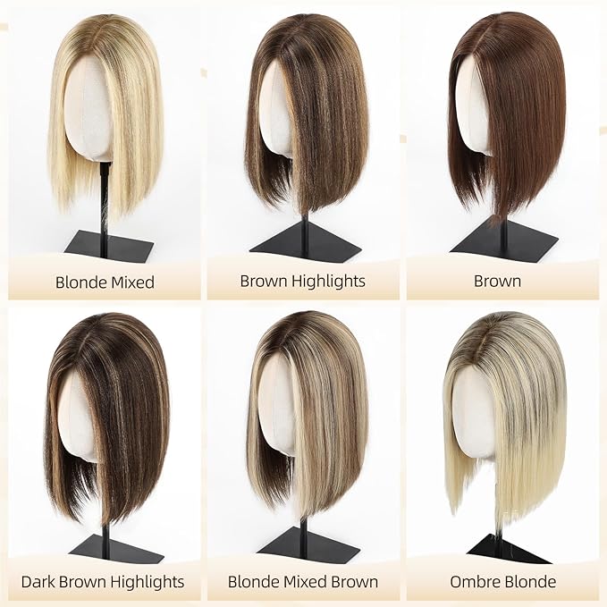 MONO TOP Hair Toppers for Women Human Hair 12 Inch 7"×8" Big Base Partial wig Cover Thinning Hair or Loss No Bangs Top Hair Pieces Natural Wiglets (Brown with Blonde Highlights)