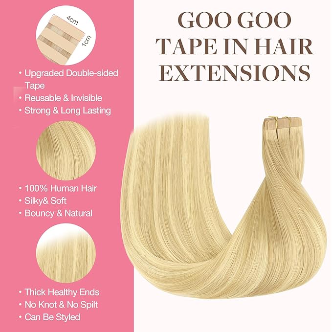 GOO GOO Tape in Hair Extensions Human Hair, 18AT60A Pearl Ash Blonde Highlights, 18inch 50g 20pcs, Skin Weft Seamless Invisible, Silky Straight with Thick Ends, Remy Human Hair