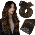 Moresoo Clip in Hair Extensions Real Human Hair Seamless Dark Brown to Chestnut Brown Ombre Seamless Clip ins Human Hair Remy Pu Weft 120g 7pieces Straight 16in