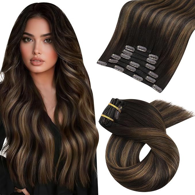 Moresoo Clip in Hair Extensions Real Human Hair Brown Balayage Clip in Extensions Human Hair Dark Brown to Chestnut Brown Full Head 7pcs 120g 20Inch
