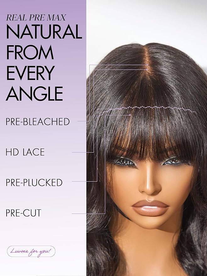 LUVME HAIR 7x6 HD Lace All-Day Comfort Wig with Bangs 200% Density Hair PartingMax Lace Wigs Loose Body Wave Lace Front Wigs Human Hair Pre Cut Plucked Lace Frontal Glueless 28 Inches