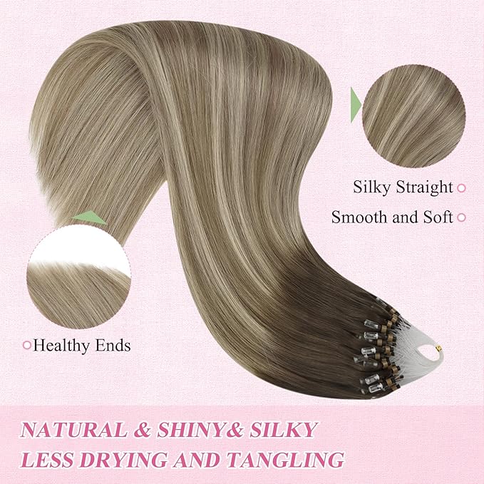 YoungSee Micro Link Hair Extensions Human Hair Balayage Micro Bead Hair Extensions Real Human Hair Brown Ombre Blonde Micro-Ring Hair Extension 14In Bead Hair Extension for Short Hair 50s/50g