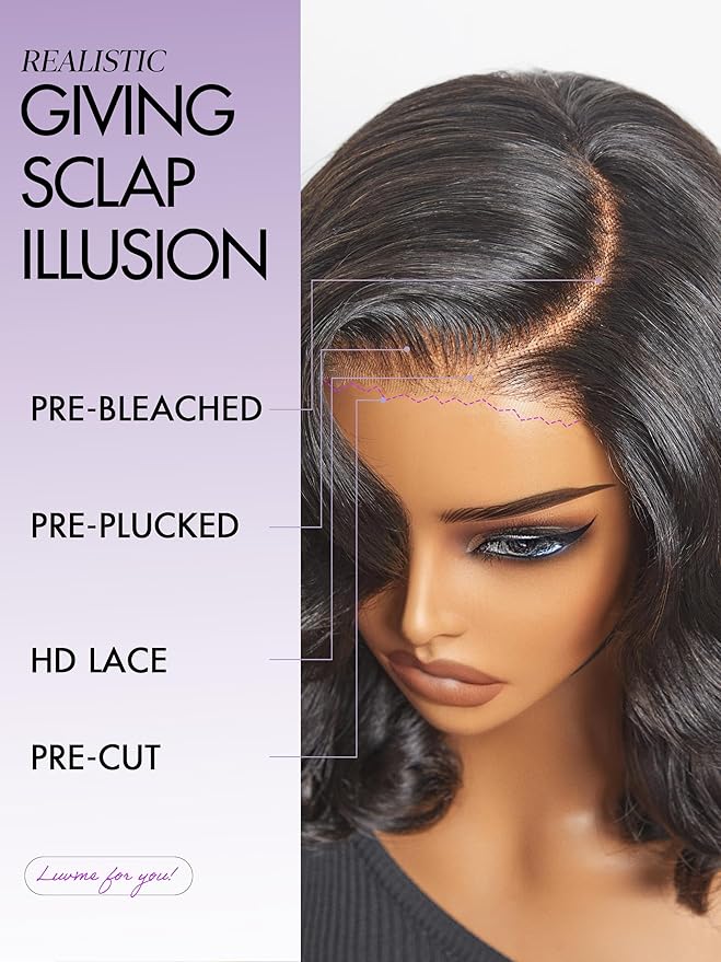 LUVME HAIR 100% Human Hair Wigs Loose Wave Glueless Lace Front 14 Inches, Pre Cut Plucked Hd Lace Short Wig Ready To Go Natural Color Straight Bleached Knots Side Part Black Wigs
