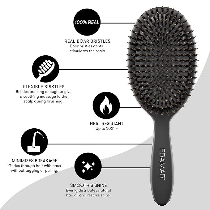 FRAMAR Soft Boar Bristle Hair Brush For Women – Boars Hair Brush For Women, Boar Brush For Fine Hair, Hairbrush For Fine Hair, Soft Bristle Brush For Slick Back, Volume and Shine - Black