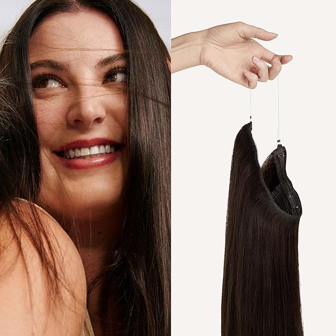 Luxy 100% Remy Human Hair – Halo Clip-In Hair Extensions –Natural Looking Volume & Length - One-Piece - Easy 5-Min Application 140 grams 16"Dark Brown Halo Clip-In
