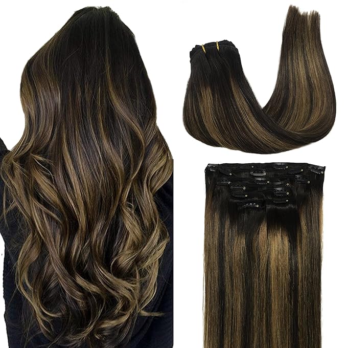 GOO GOO Clip in Hair Extensions Real Human Hair, Remy Human Hair Extensions Clip ins for Women, Natural Human Hair, 16inch 120g 7Pcs, 1B/6/1B Balayage Natural Black to Chestnut Brown