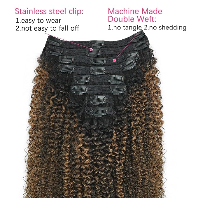 3c 4a Curly Clip in Hair Extensions T1BP1B/30 Omber Kinky Curly Clip ins For Women Brazilian Virgin Clip on Hair (16inch,T1BP1B/30)
