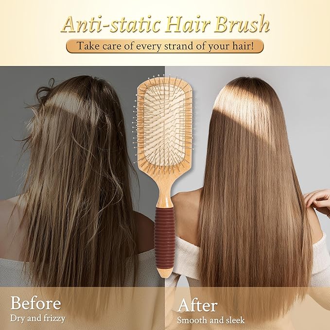 BFWood Paddle Hair Brush with Steel Bristles, Metal hair brush, Help Hair Growth and Massaging Scalp, Anti-frizz Metal Detangling Brush Styling Hairbrush