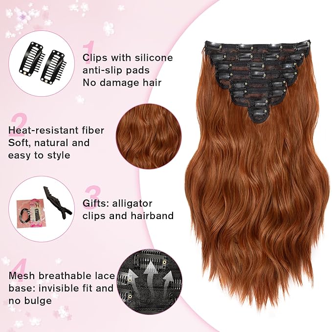 Clip in Hair Extensions for Women, 16 Inch Wavy Copper Hair Extensions Clip Ins, 8PCS Synthetic Curly Hairpieces for Women DailyParty Use