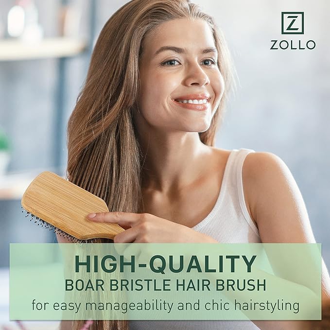 Natural Boar Bristle Hair Brush for Women, Men, Kids; Dry and Wet Detangling Hair Brush Gently Enhances Shine, Smooths Frizz and Prevents Breakage in Fine and Straight, Thick and Curly Hair (paddle)