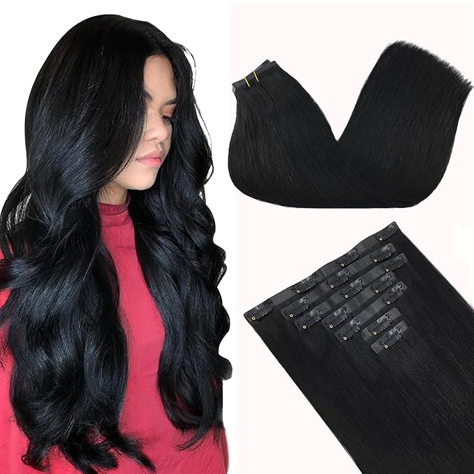 GOO GOO Clip in Hair Extensions Real Human Hair, Remy Human Hair Extensions Clip ins for Women, Natural Human Hair, 24inch 160g 7Pcs, 1 Jet black