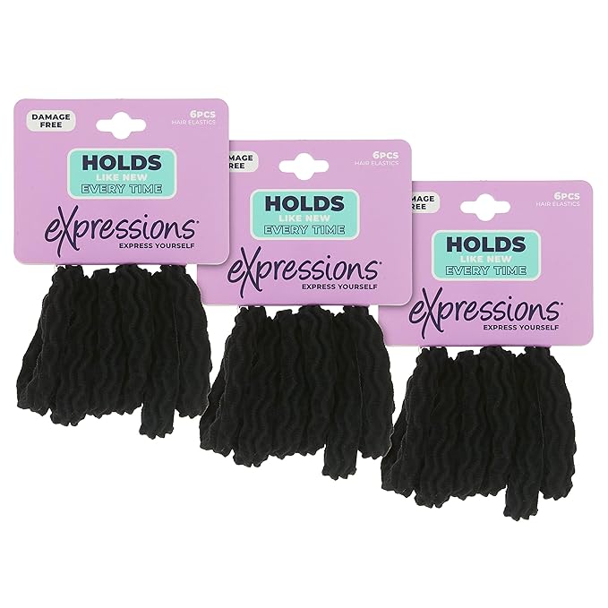 Expressions 18 Count Hair Tie Set in Classic Black - Waved Ponytail Elastic for Women and Girls - Hair Accessories Value Pack - Black Hair Ties for Everyday Use