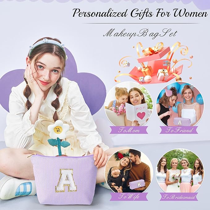 YOOLIFE Personalized Monogram Makeup Bag Birthday Gifts for Kids Girls Cosmetic Bag Travel Toiletry Bag | Christmas Gifts for Teenage Girls Stocking Stuffers for Teen Girl Daughter Gifts Purple A