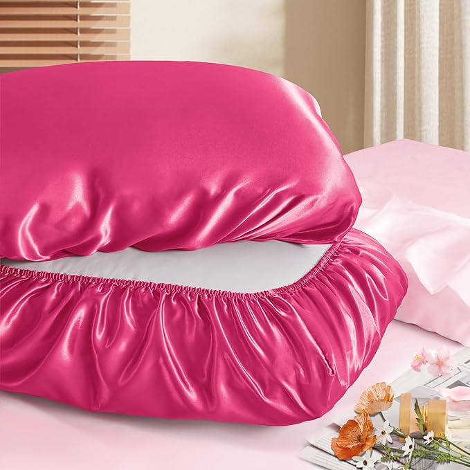 Manyshofu Satin Pillowcases for Hair Protection - 1Pcs Hot Pink Pillow Cases, Elastic Band Standard & Queen Satin Pillowcases Luxury Silky Pillow Cases Travel Pillow Covers