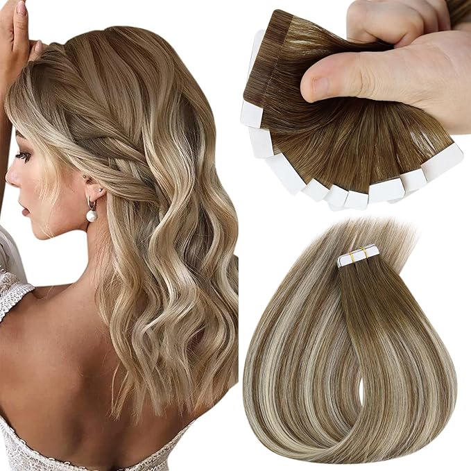 Sunny Hair Tape in Hair Extensions Real Human Hair Invisible Remy Hair Extensions Tape ins for Women Medium Brown Ombre PLatinum Blonde Balayage 22 inch 25G