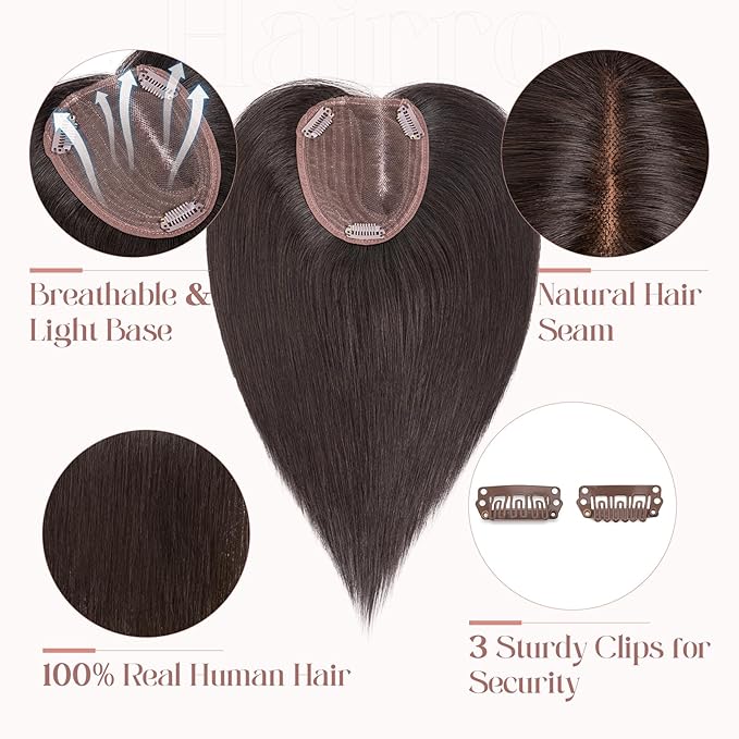 Hairro 100% Human Hair Topper No Bangs, Real Clip in Hair Hairpieces for Women, 3.94x4.72 Silk Base for Thinning Receding High Hairline, 12 Inch Natural Black Side Part