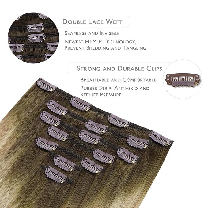 WENNALIFE Clip in Hair Extensions - Real Human Hair, 24 Inch 120g 7pcs, Balayage Light Ash Brown to Light White Blonde