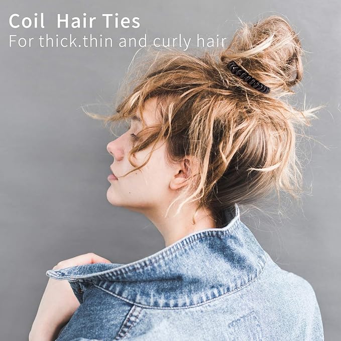 79STYLE 50Pcs Spiral Hair Ties Black Clear Coil Hair Ties Phone Cord Plastic Ponytail Holders Bulk Clear Hair Coils For Women Gris Thin Thick Curly Hair (Black and Transparent)