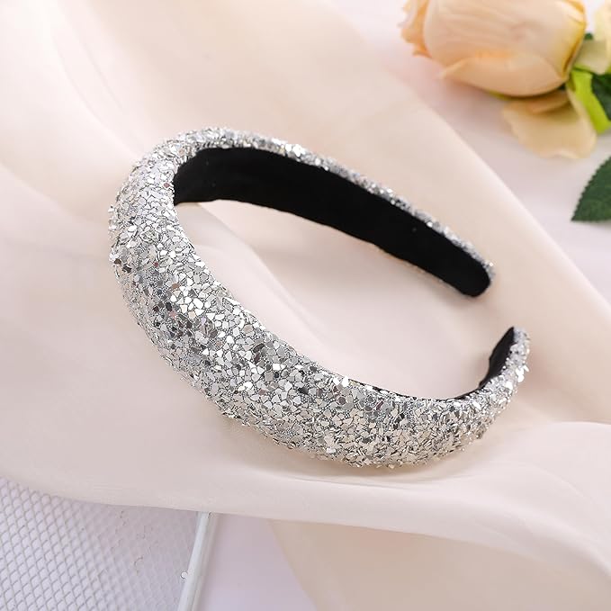 Sliver Sparkle Headband for Women Fashion Wide Headband Glitter Sequin Headbands Comfortable High Elastic Head Band Hair Hoop Hair Accessories for Womens