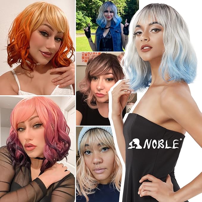 NOBLE Pink Orange Wig for Women Peach Wig with Bangs Ombre Bob Curly Wigs with Air Bangs Synthetic Short Wavy Wigs with Bangs Heat Resistant Synthetic Daily Party Cosplay Costume Wigs
