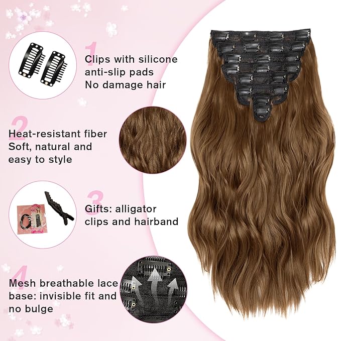 Hair Extensions for Women, 8PCS 16 Inch Medium Brown Clip in Hair Extensions, Synthetic Wavy Clip Ins, Full Head Thick Hairpieces for Women