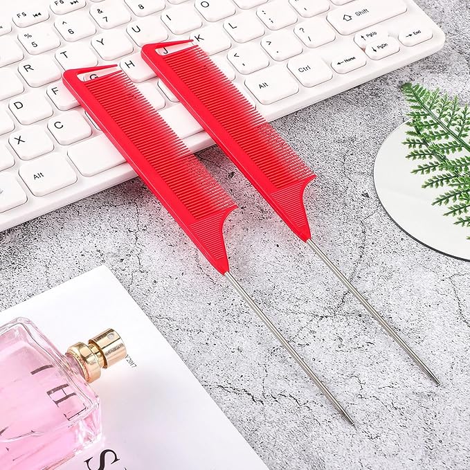 Patelai 30 Pieces Rat Tail Combs Bulk, Hair Teasing Fine Tooth Pintail Combs Braiding Hair Styling Tools with Steel Pin for Stylists Salon Teasing Sectioning Coloring Detangling(Red)