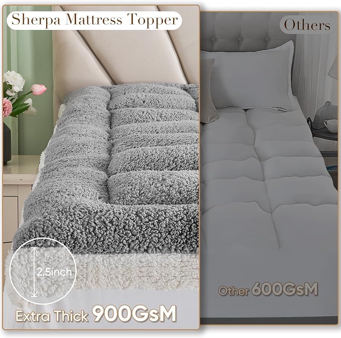 Cymula California King Mattress Topper, Sherpa Mattress Pad for Cal King Bed with 900GSM Down for Back Pain Extra Thick Mattress Cover Pillow Top with 8-21" Pockets, Grey