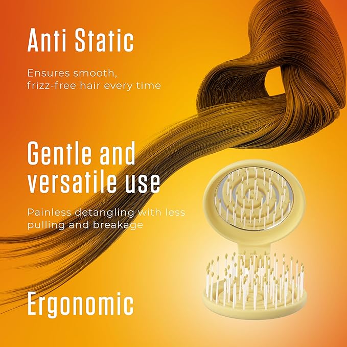 Mini Detangler Travel Hair Brush with Mirror, Makaron Hair Brushes for Women, Men and Kids, Unique 3D Flexible Design for All Hair Types, Styling Accessory, Travel Essentials for Women (POPULARYELLOW)