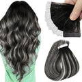 Sunny Hair Tape in Hair Extensions Real Human Hair Invisible Remy Hair Extensions Tape ins for Women Ombre Natural Black Root to Sliver Grey 16 inch 25G