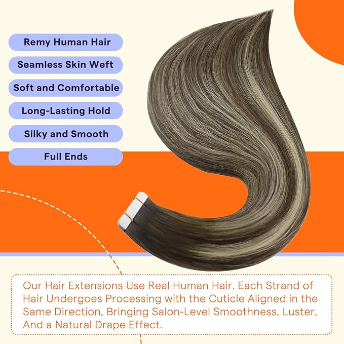 Full Shine Tape in Hair Extensions Balayage Color 2 Fading to 60 Blonde Highlight 2 Darkest Brown Human Hair Extensions 16 Inch Double Sided Straight Remy Extensions Tape Ins 50G 20Pcs Tape Extension