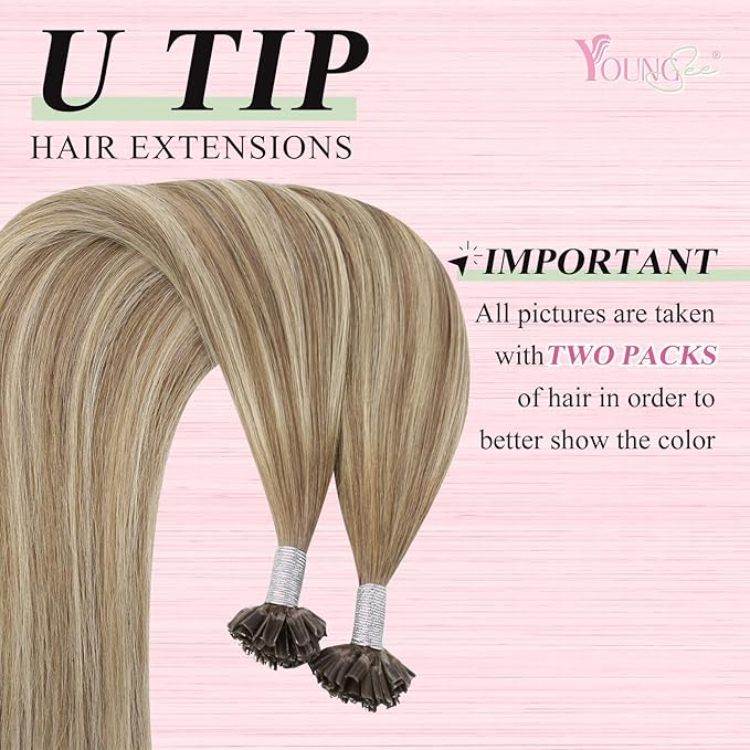 YoungSee Balayage U Tips Hair Extensions Hot fusion Pre Bonded Utip Hair Extensions Human Hair Ombre Brown and Blonde Remy Hair Extension U Tip Hot Fusion K Tips Hair Extension for Women 18In 1G/S 50G