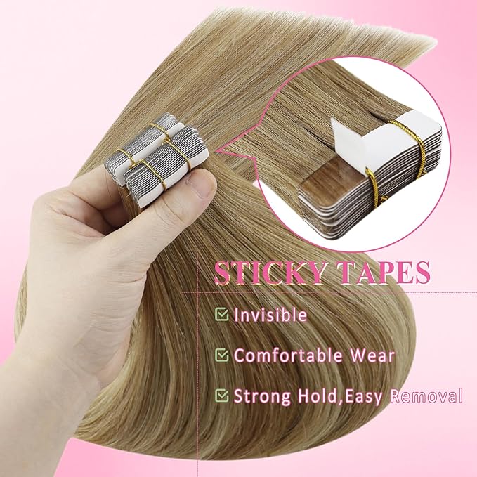 YoungSee Human Hair Tape in Extensions Balayage Tape in Hair Extensions Human Hair Extensions Tape in Ombre Brown to Platinum Blonde Invisible Tape-in Hair Extension Human Hair 14In 20pcs 50g Straight