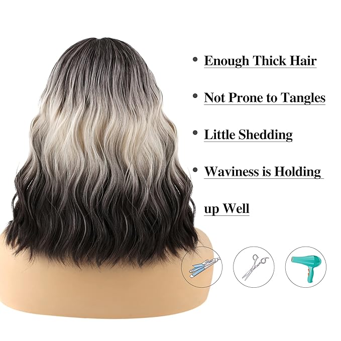FAELBATY Short Brown Ombre Grey Wig Short Wave Bob Wigs for Women With Bangs Shoulder Length Synthetic Cosplay Party Wig for Girls Costume Wigs (12" 60R)