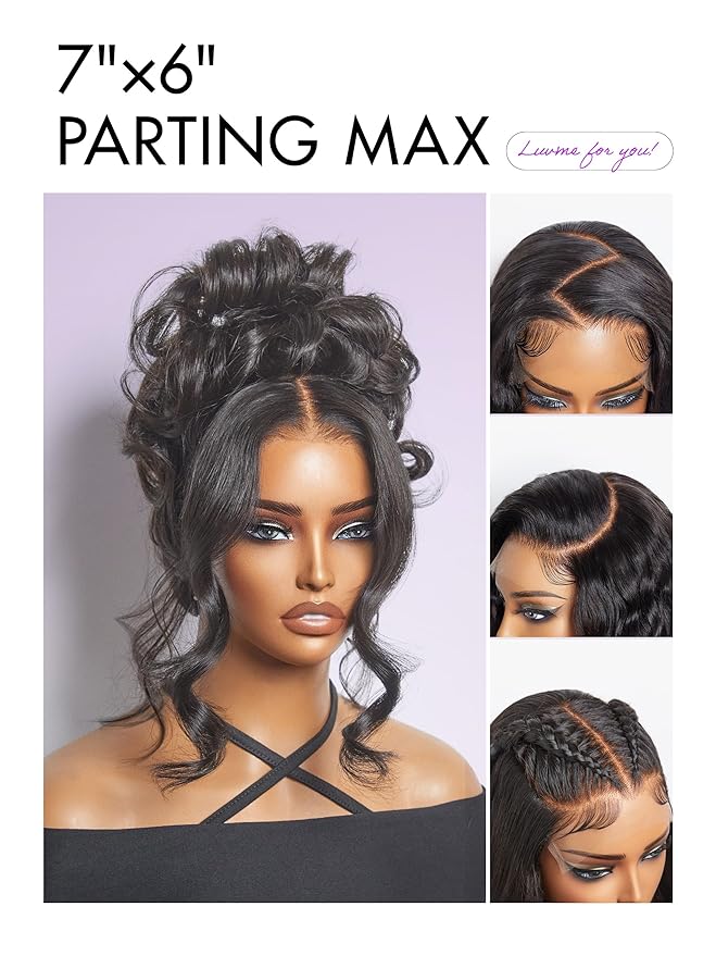 LUVME HAIR All-Day Comfort Real Glueless 7x6 HD Lace Wig 200% Density Hair PartingMax Lace Wigs Loose Body Wave Lace Front Wigs Human Hair Pre Cut Plucked Lace Frontal16 Inches Natural Black Color