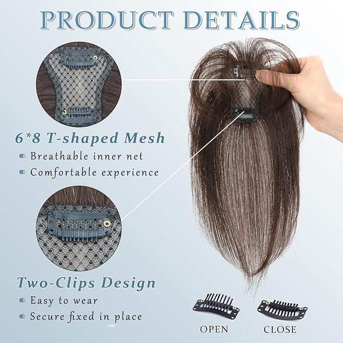 Clip in Bangs Real Human Hair 360° Cover French Bangs Dark Brown Bangs Hair Clip 3D Fake Bangs with Fringe Hairpieces for Women Daily Wear