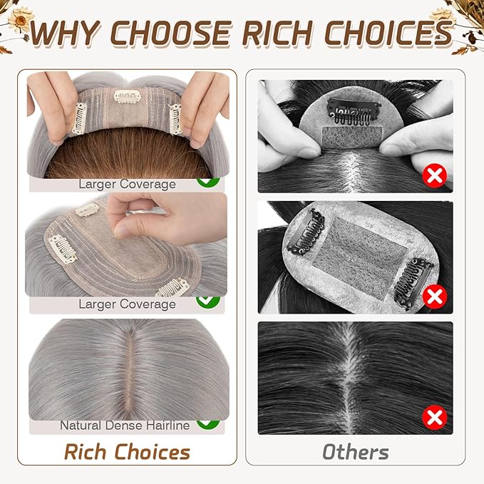 Rich Choices Hair Toppers for Women Real Human Hair 100% Human Remy Toppers NO Bangs for Women with Thinning on Top Clip in Hairpiece 4"x4.7"Lace Base 10 Inch Gray