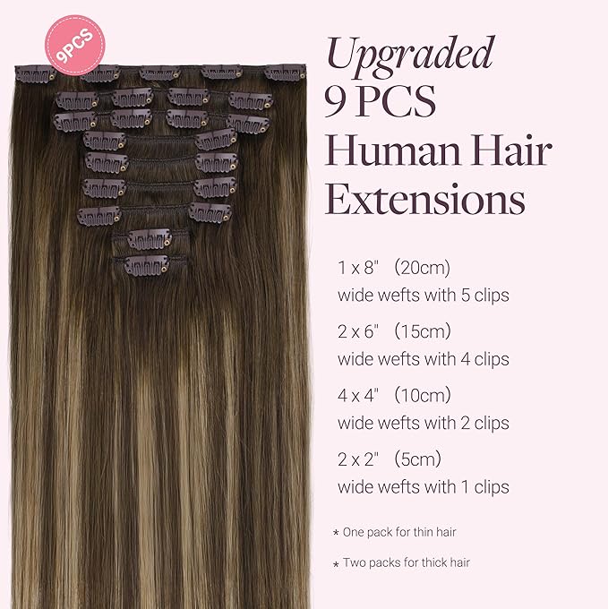 GOO GOO Clip in Hair Extensions Real Human Hair, Remy Human Hair Extensions Clip ins for Women, Natural Human Hair, 18inch 150g 9Pcs, 4/27/4 Balayage Chocolate Brown to Caramel Blonde