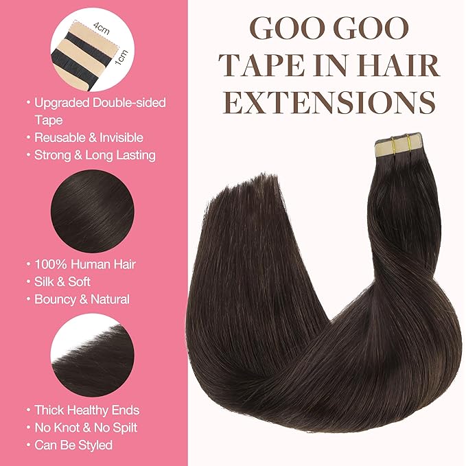 GOO GOO Tape in Hair Extensions Human Hair, 2A Light Brown, 12inch 40g 20pcs, Skin Weft Seamless Invisible, Silky Straight with Thick Ends, Remy Human Hair